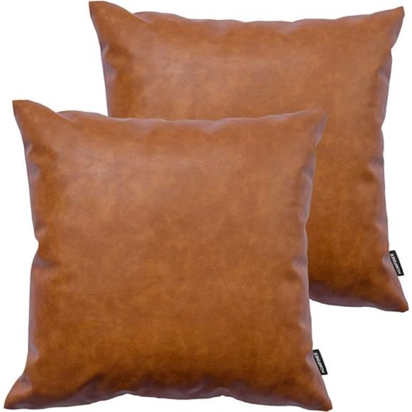 Faux Leather Throw Pillow Covers,18 x 18 inch Set of 2 Thick Cognac Brown Modern - Picture 1 of 5